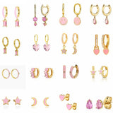 925 Silver Pink CZ Enamel Piercing Hoop Earrings Women Huggies Jewelry
