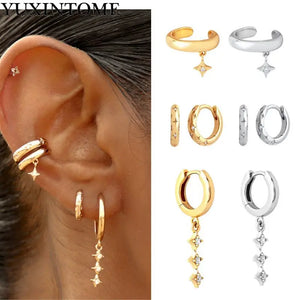 925 Silver Diamond Star Hoop Earrings Ear Clip Wedding Jewelry