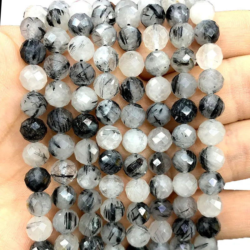 Natural Tourmaline Hair Quartz Faceted Round Stone Beads 6/8/10MM