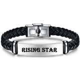 Custom Engraved Name Date Logo Leather Bracelet Stainless Steel Bangle