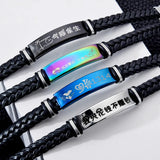 Custom Engraved Name Date Logo Leather Bracelet Stainless Steel Bangle