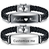 Custom Engraved Name Date Logo Leather Bracelet Stainless Steel Bangle