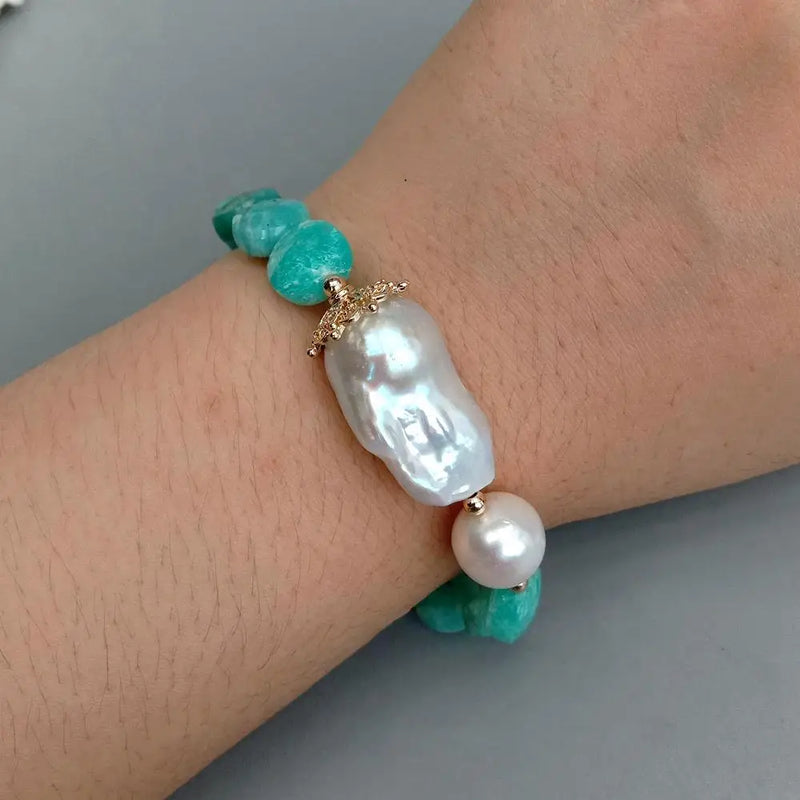 Green Amazonite Coin Bead & Baroque Pearl Bracelet