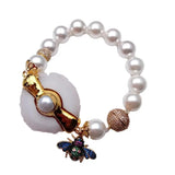 12mm Sea Shell Pearl Bracelet with 35x43mm Quartz Slice Cz Pave Insect Charm