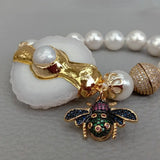 12mm Sea Shell Pearl Bracelet with 35x43mm Quartz Slice Cz Pave Insect Charm