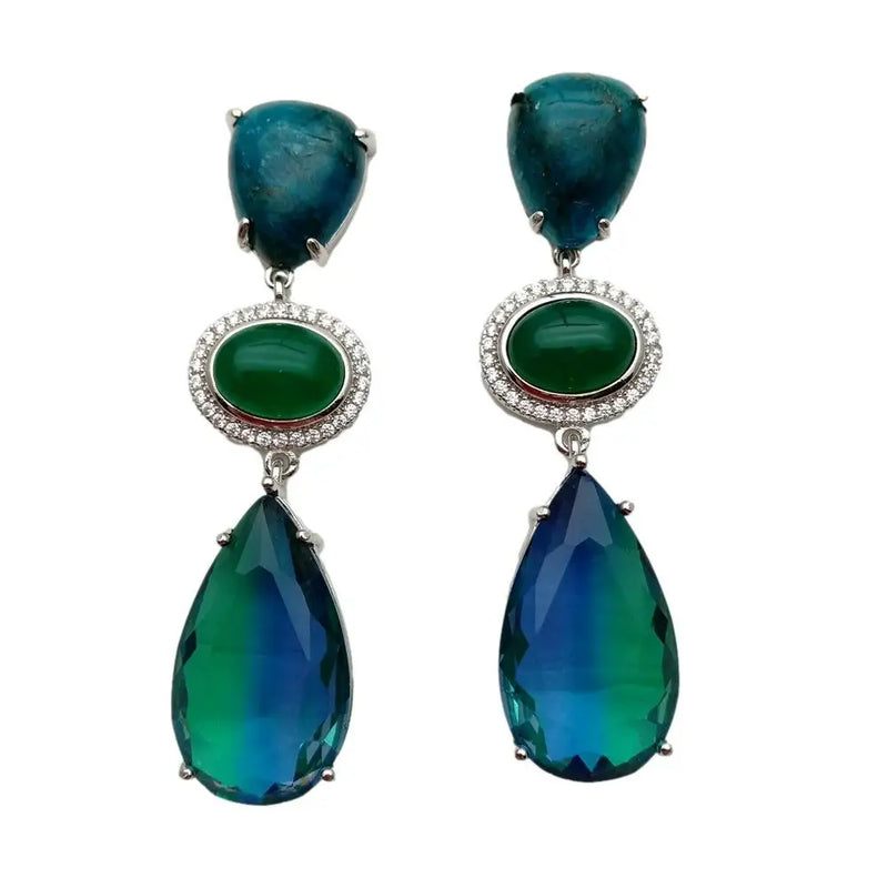 Green Agate Teardrop Dangle Stud Earrings