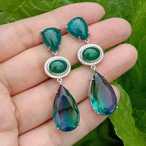 Green Agate Teardrop Dangle Stud Earrings