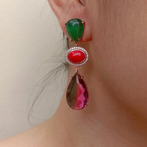 Rainbow Crystal Green Agate Red Crystal Teardrop Stud Earrings