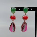 Rainbow Crystal Green Agate Red Crystal Teardrop Stud Earrings