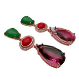 Rainbow Crystal Green Agate Red Crystal Teardrop Stud Earrings