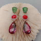 Rainbow Crystal Green Agate Red Crystal Teardrop Stud Earrings