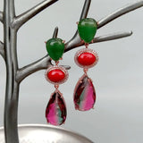 Rainbow Crystal Green Agate Red Crystal Teardrop Stud Earrings