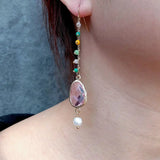YYGEM 14x19mm Cultured Pearl Colorful Crystal Hook Earrings