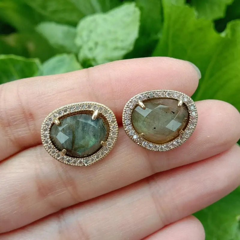 Labradorite CZ Pave Stud Earrings