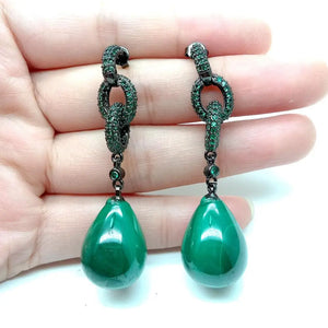 Green Malachite Teardrop Dangle Earrings with Green CZ Studs
