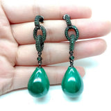 Green Malachite Teardrop Dangle Earrings with Green CZ Studs