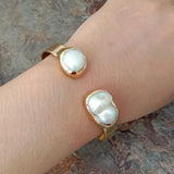 YYGEM 15x21MM Keshi Pearl 24K Plated Bangle Bracelet
