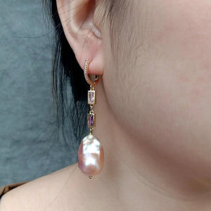 YYGEM 15x23mm Pink Keshi Pearl Cz Chain Dangle Earrings