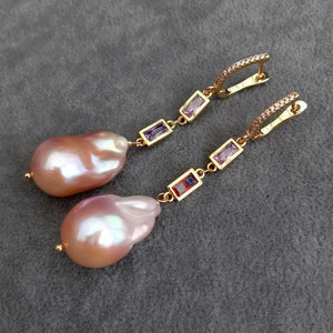 YYGEM 15x23mm Pink Keshi Pearl Cz Chain Dangle Earrings