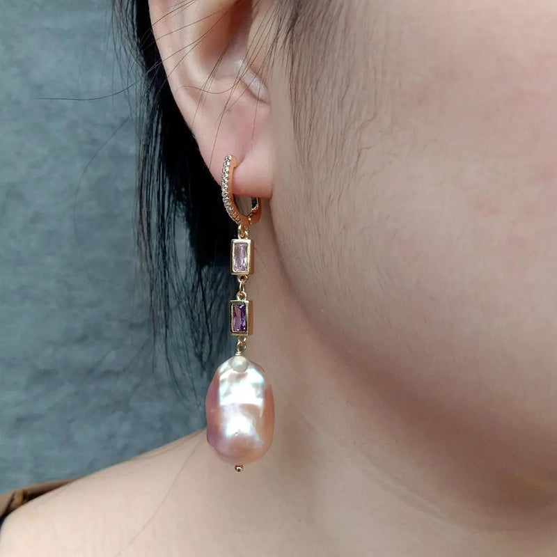 YYGEM 15x23mm Pink Keshi Pearl Cz Chain Dangle Earrings