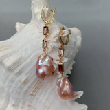 YYGEM 15x23mm Pink Keshi Pearl Cz Chain Dangle Earrings