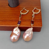 YYGEM 15x23mm Pink Keshi Pearl Cz Chain Dangle Earrings