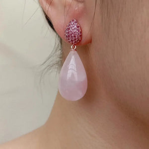 Rose Quartz Teardrop Dangle CZ Stud Earrings Gemstone Jewelry