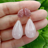 Rose Quartz Teardrop Dangle CZ Stud Earrings Gemstone Jewelry