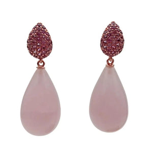 Rose Quartz Teardrop Dangle CZ Stud Earrings Gemstone Jewelry