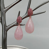 Rose Quartz Teardrop Dangle CZ Stud Earrings Gemstone Jewelry