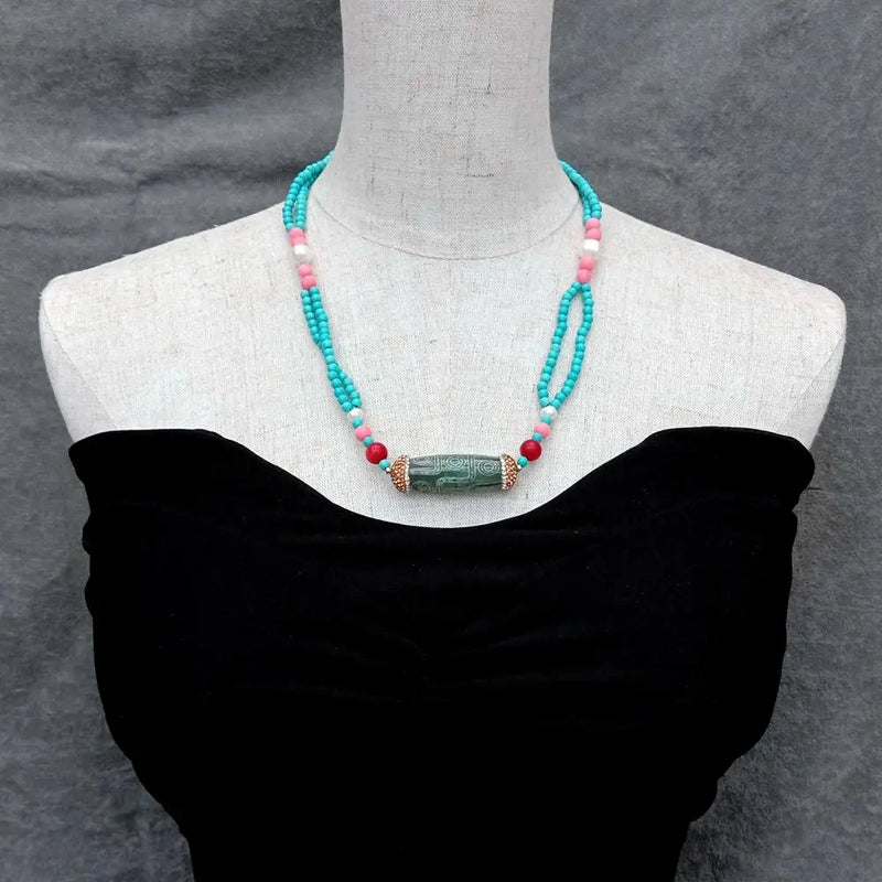 Dzi Agate Crystal Pave Pendant with Turquoise Pearl Pink Coral Necklace