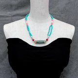 Dzi Agate Crystal Pave Pendant with Turquoise Pearl Pink Coral Necklace