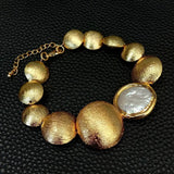 YYGEM Cultured Coin Keshi Pearl Brushed Bead Bracelet