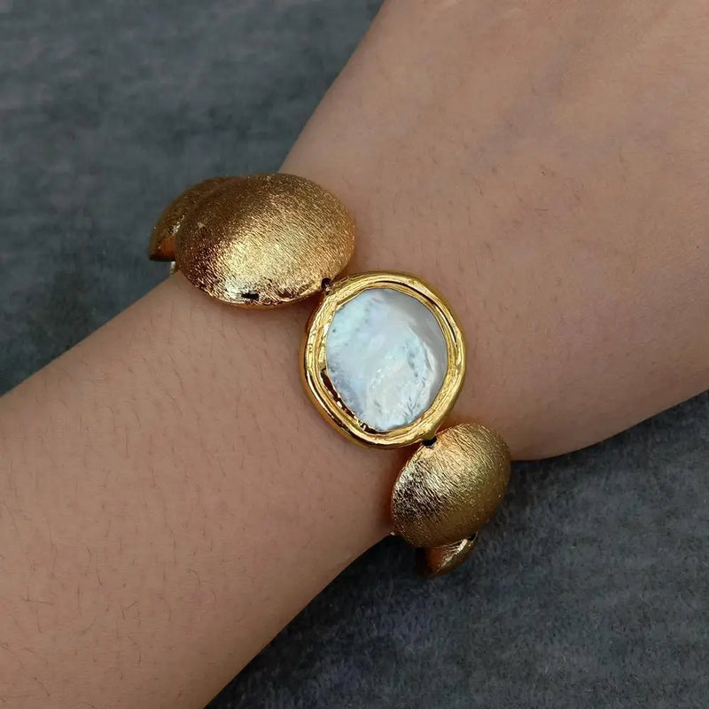 YYGEM Cultured Coin Keshi Pearl Brushed Bead Bracelet