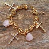 YYGEM 16mm Pink Rose Quartz Cz Cross Charm Bracelet Plated Chain