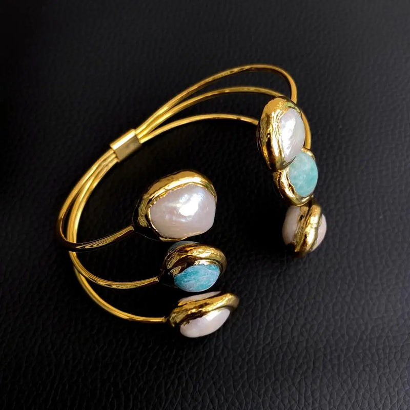 Natural Cultured Pearl Green Amazonite Bangle Bracelet