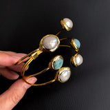 Natural Cultured Pearl Green Amazonite Bangle Bracelet