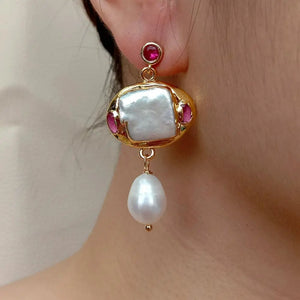 Freshwater Cultured Square Pearl & Rice Pearl Dangle Stud Earrings