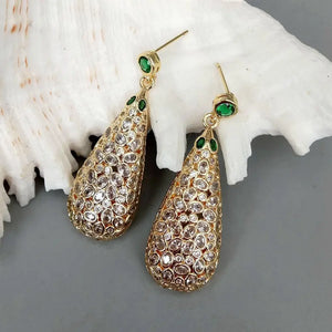 Green CZ Teardrop Dangle Stud Earrings 17x38mm