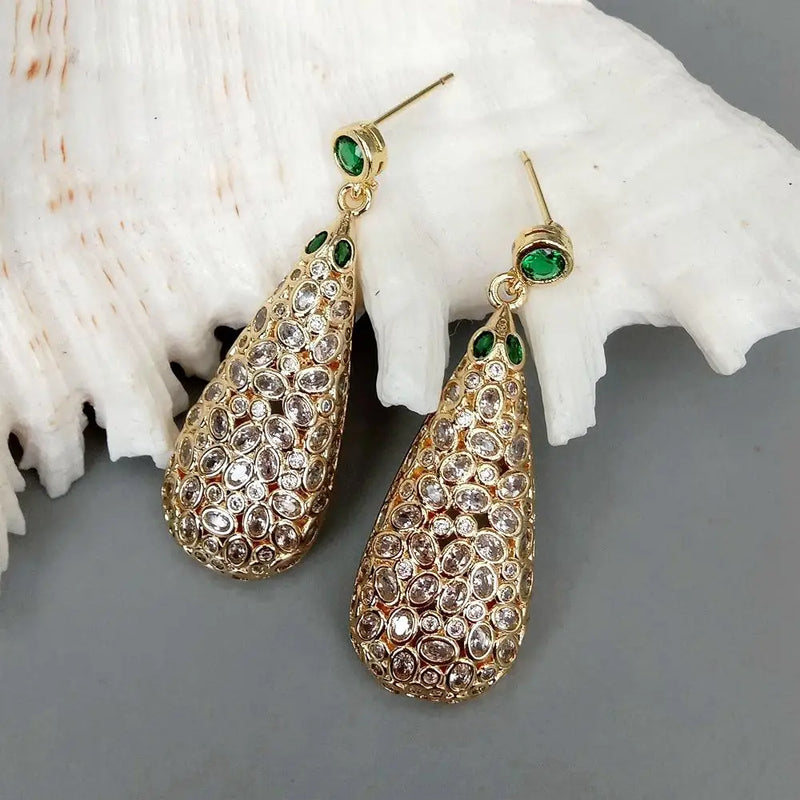 Green CZ Teardrop Dangle Stud Earrings 17x38mm