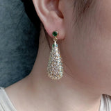 Green CZ Teardrop Dangle Stud Earrings 17x38mm