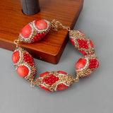 YYGEM 18x35mm Red Coral Golden Crystal Bead Bracelet - Women