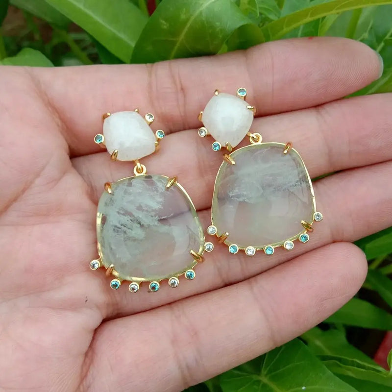 Natural Green Amethyst Prasiolite Jade Dangle Stud Earrings Gemstone