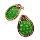 YYGEM Teardrop Green Jade Fuchsia Crystal Stud Earrings