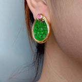 YYGEM Teardrop Green Jade Fuchsia Crystal Stud Earrings