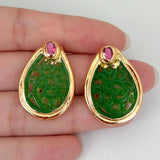 YYGEM Teardrop Green Jade Fuchsia Crystal Stud Earrings