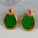 YYGEM Teardrop Green Jade Fuchsia Crystal Stud Earrings