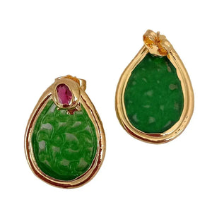 YYGEM Teardrop Green Jade Fuchsia Crystal Stud Earrings