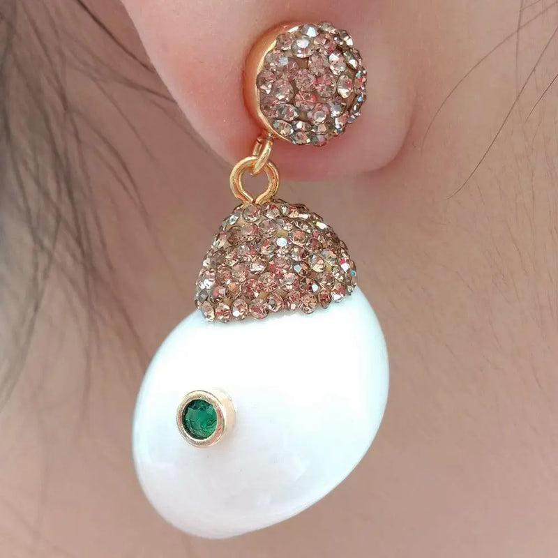 Natural Shell Screw Shape Champagne Cz Pave Dangle Stud Earrings