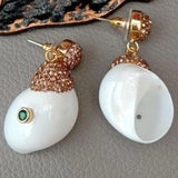 Natural Shell Screw Shape Champagne Cz Pave Dangle Stud Earrings